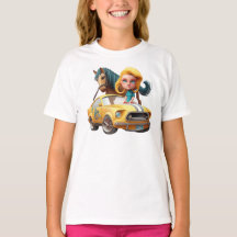 Little Blonde Girl mit Mustang Car Pony Pferd