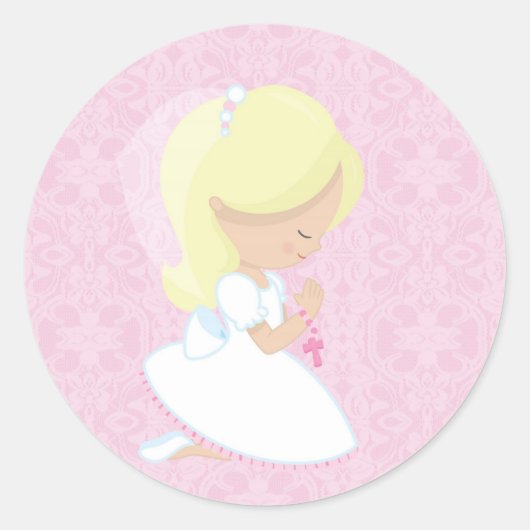 Little Blonde Girl, Pink, Erste Kommune Runder Aufkleber (Vorderseite)