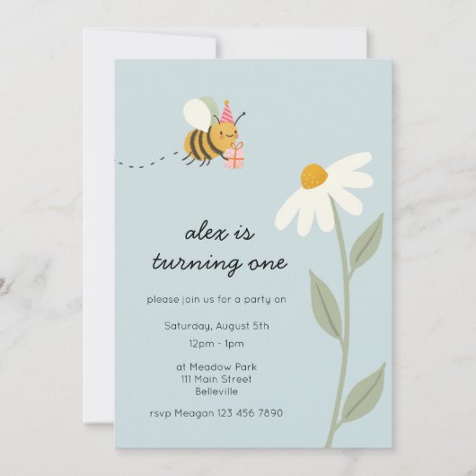 Little Blue Bee Birthday Einladung (Vorderseite)
