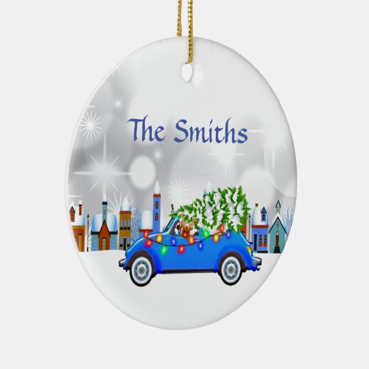 Little Blue Car & Tree Christmas Custom Keramik Ornament (Rechts)