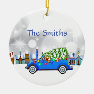 Little Blue Car & Tree Christmas Custom Keramik Ornament