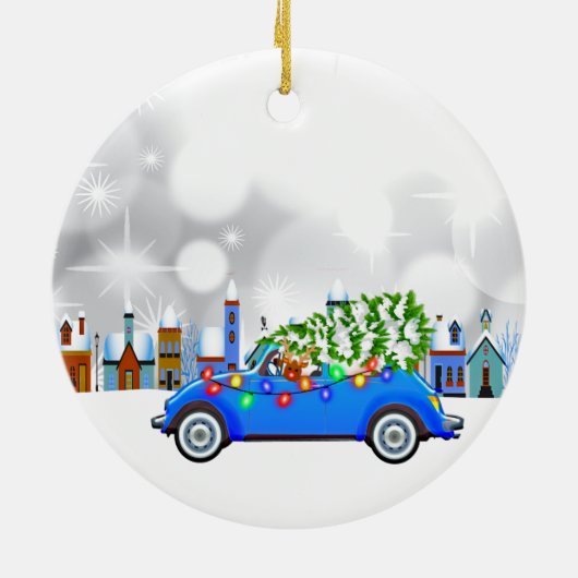 Little Blue Car & Tree Christmas Custom Keramik Ornament (Hinten)