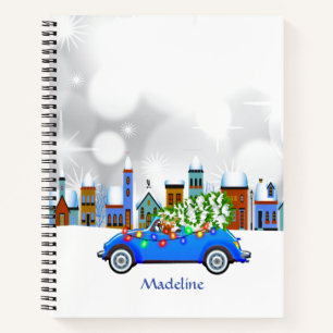 Little Blue Car & Tree Christmas Custom Notizblock