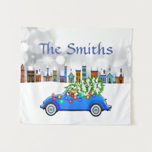 Little Blue Car & Tree Christmas Custom Wandteppich