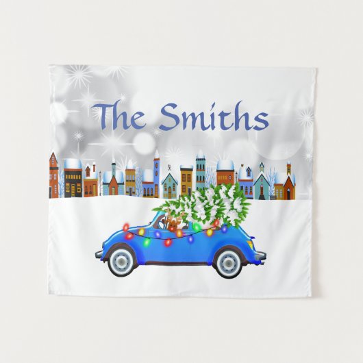 Little Blue Car & Tree Christmas Custom Wandteppich (Vorderseite (Horizontal))