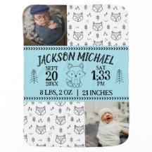 Little Blue Fox Birth Stat Baby Blanket