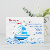 Little Blue Sailboat Birthday Einladung (Stehend Vorderseite)
