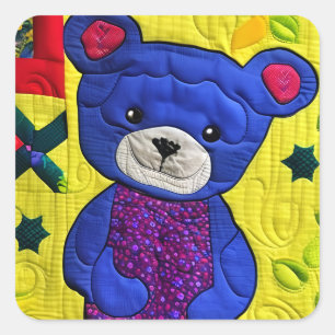 Little Blue Teddy Bear Quilt like Design Quadratischer Aufkleber