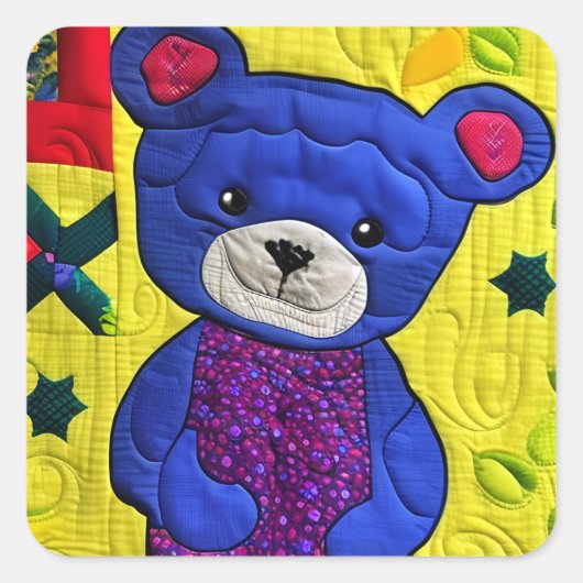 Little Blue Teddy Bear Quilt like Design Quadratischer Aufkleber (Vorderseite)