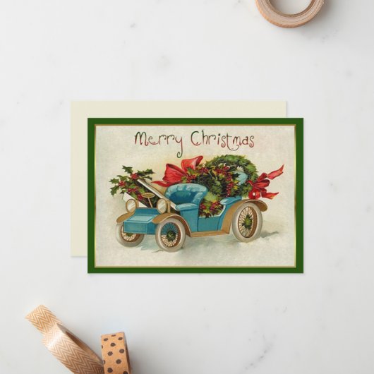 Little Blue Vintage Car Christmas Mitteilungskarte (Vorderseite/Rückseite Beispiel)