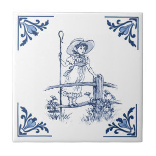 Little Bo Peep Shepherdess Girl Delft Blue & White Fliese