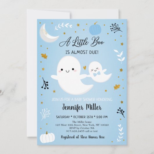 Little Boo Blue Gold Ghost Pumpkin Baby Dusche Einladung (Vorderseite)