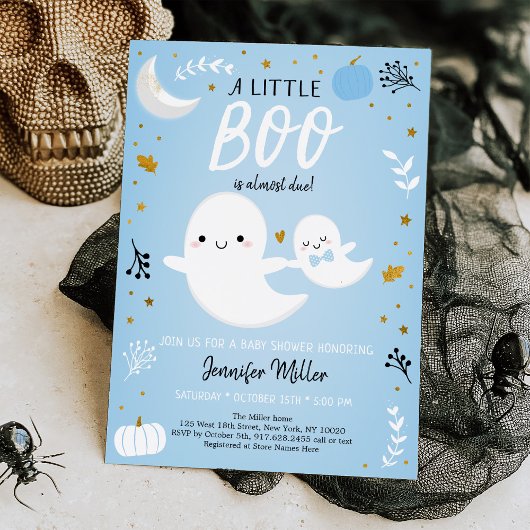 Little Boo Blue Gold Ghost Pumpkin Baby Dusche Einladung