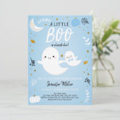 Little Boo Blue Gold Ghost Pumpkin Baby Dusche Einladung (Stehend Vorderseite)