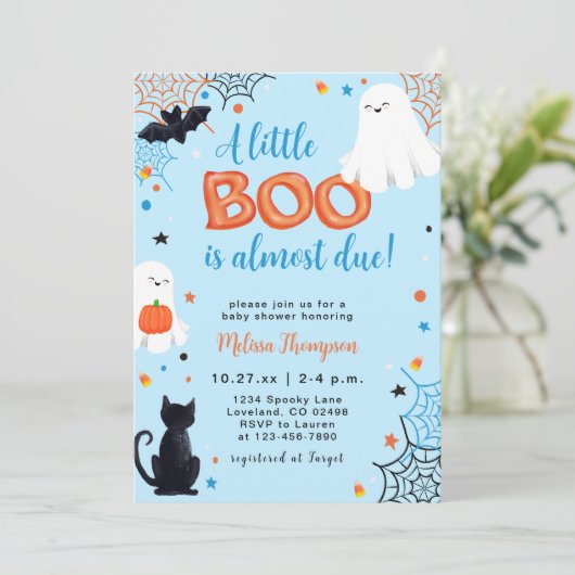 Little Boo Ghost Boy Halloween Kinderdusche Einladung (Stehend Vorderseite)