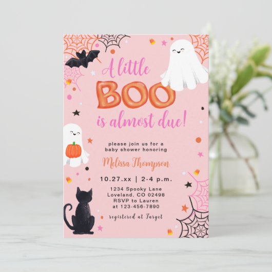 Little Boo Ghost Girl Halloween Baby Shower Einladung (Stehend Vorderseite)