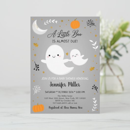 Little Boo Ghost Pumpkin Gold Baby Dusche Einladung (Stehend Vorderseite)