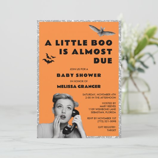 Little Boo Halloween Baby Dusche Einladung (Stehend Vorderseite)