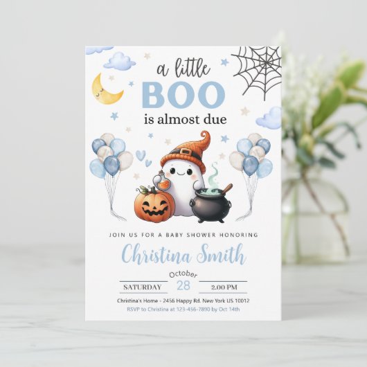 Little Boo Halloween Blue Boy Baby Dusche Einladung (Stehend Vorderseite)