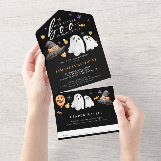 Little Boo Halloween Diaper Raffle Black All In One Einladung (Abreißen)