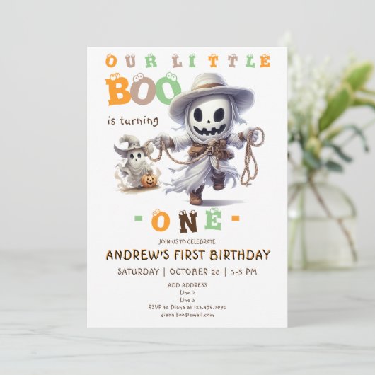 Little Boo Halloween Ghost Cowboy jedes Alter Gebu Einladung (Stehend Vorderseite)