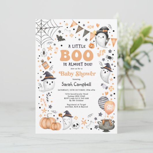 Little Boo Halloween Ghost Neutral Baby Dusche Einladung (Stehend Vorderseite)