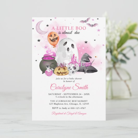 Little Boo Halloween Girl Baby Shower Einladung (Stehend Vorderseite)