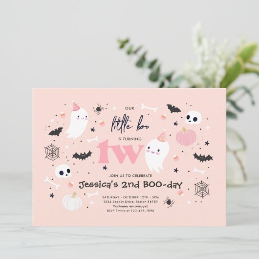 Little Boo Niedlich Pink Ghost Halloween 2. Geburt Einladung (Stehend Vorderseite)