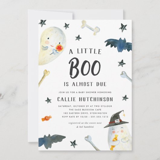 Little Boo | Niedliche Halloween-Kinderdusche Einladung (Vorderseite)