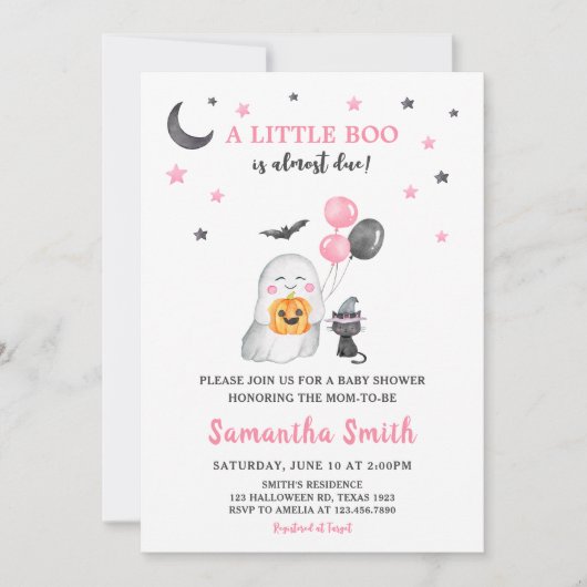 Little Boo Pink Ghost Halloween Kinderdusche Einladung (Vorderseite)