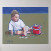 LIttle Boy and Sandcastle on Beach Poster (Vorne)
