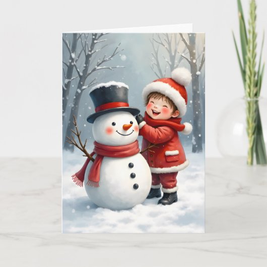 Little Boy Building a Snowman Blank Christmas Karte (Vorderseite)