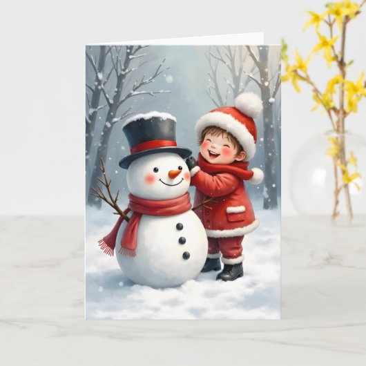 Little Boy Building a Snowman Blank Christmas Karte (Gelbe Blume)