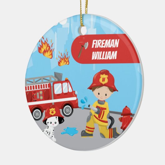 Little Boy Cartoon Fireman mit Name Christmas Keramik Ornament (Links)