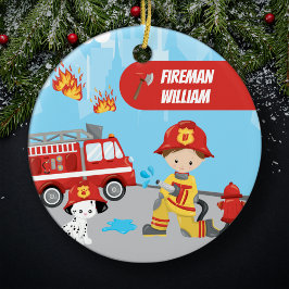 Little Boy Cartoon Fireman mit Name Christmas Keramik Ornament