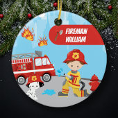 Little Boy Cartoon Fireman mit Name Christmas Keramik Ornament