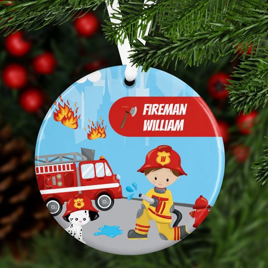 Little Boy Cartoon Fireman mit Name Christmas Ornament