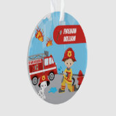 Little Boy Cartoon Fireman mit Name Christmas Ornament (Vorderseite)