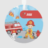 Little Boy Cartoon Fireman mit Name Christmas Ornament (Rückseite)