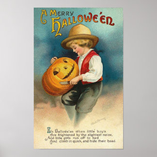 Little Boy Carving Pumpkin Poster