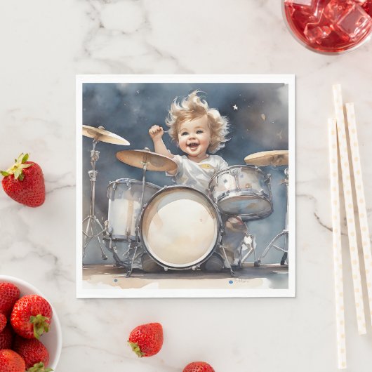 Little Boy Drummer Wasserfarbe Illustration Party Serviette (Beispiel)