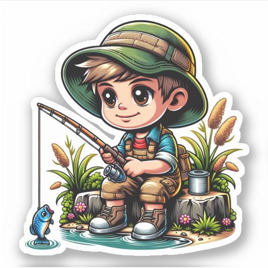 Little Boy Fishing Cartoon Aufkleber (Vorderseite)