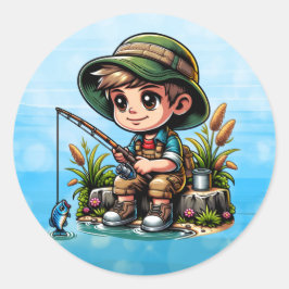 Little Boy Fishing Cartoon Runder Aufkleber