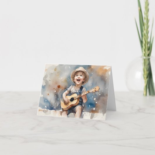 Little Boy Guitar Aquarellfarbe Illustration Blank Karte (Vorderseite)