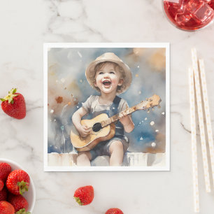 Little Boy Guitar singende Aquarellbilder Serviette
