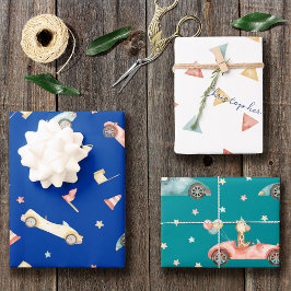 Little Boy Racing Car Aquarellmuster Geburtstag Geschenkpapier Set