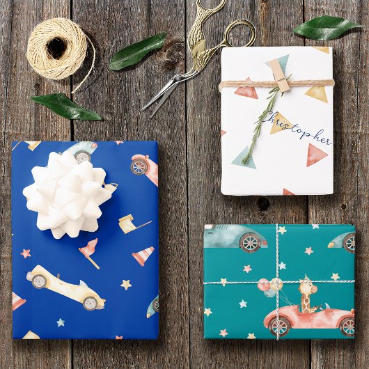 Little Boy Racing Car Aquarellmuster Geburtstag Geschenkpapier Set