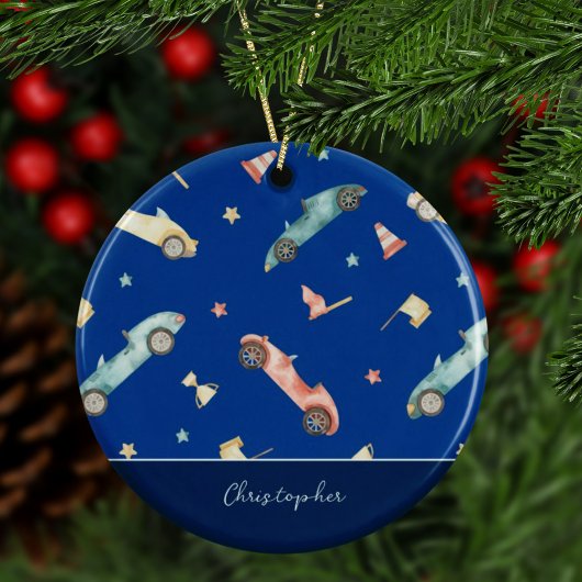 Little Boy Racing Car Watercolor Keramik Ornament