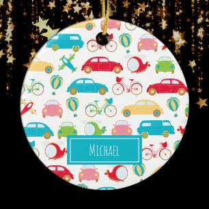 Little Boy Vehicle Pattern w First Name Christmas Keramik Ornament