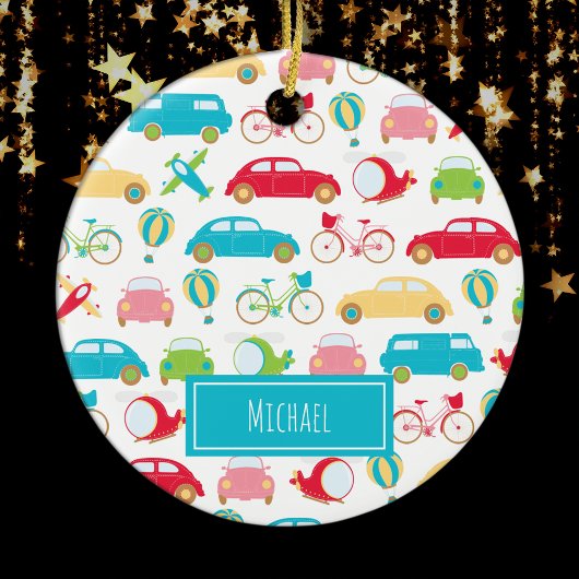 Little Boy Vehicle Pattern w First Name Christmas Keramik Ornament